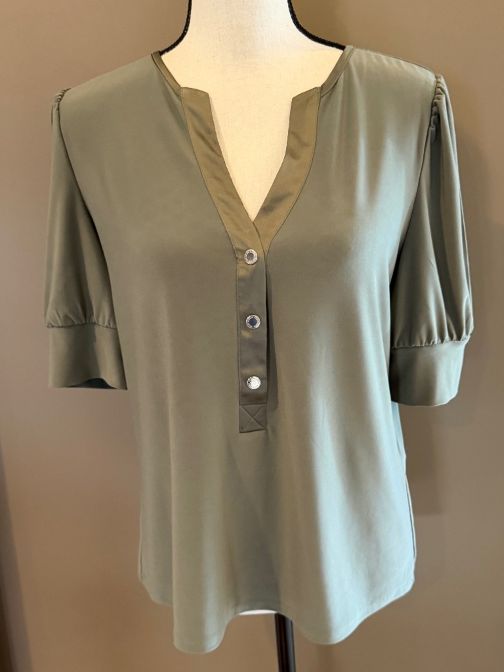 WHBM, Olive Green with satin Detail on Neck and Sleeves, Size Medium